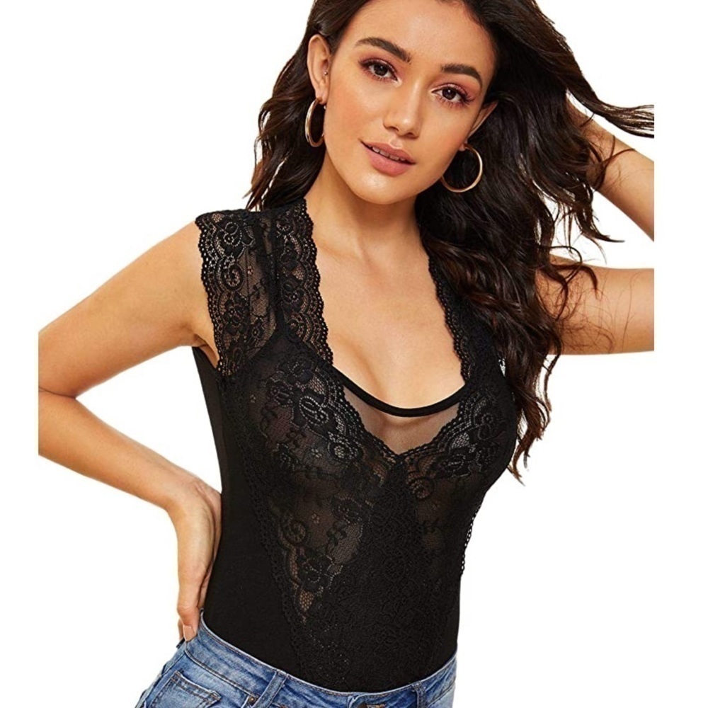 Black lace trim bodysuit style D